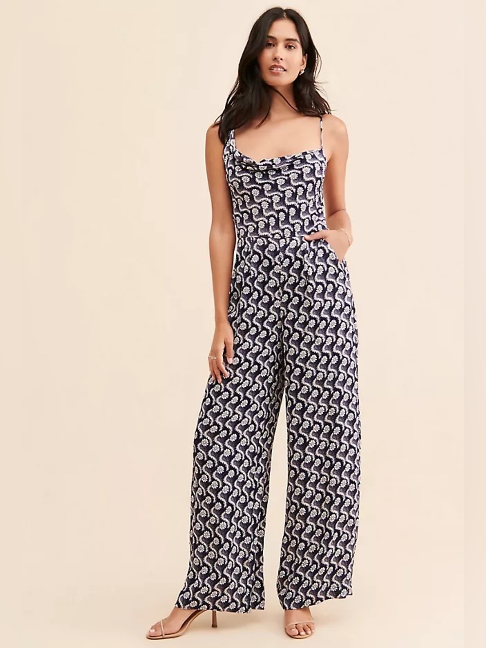 Anthropologie Cowl Neck Blue White Jumpsuit Size 8